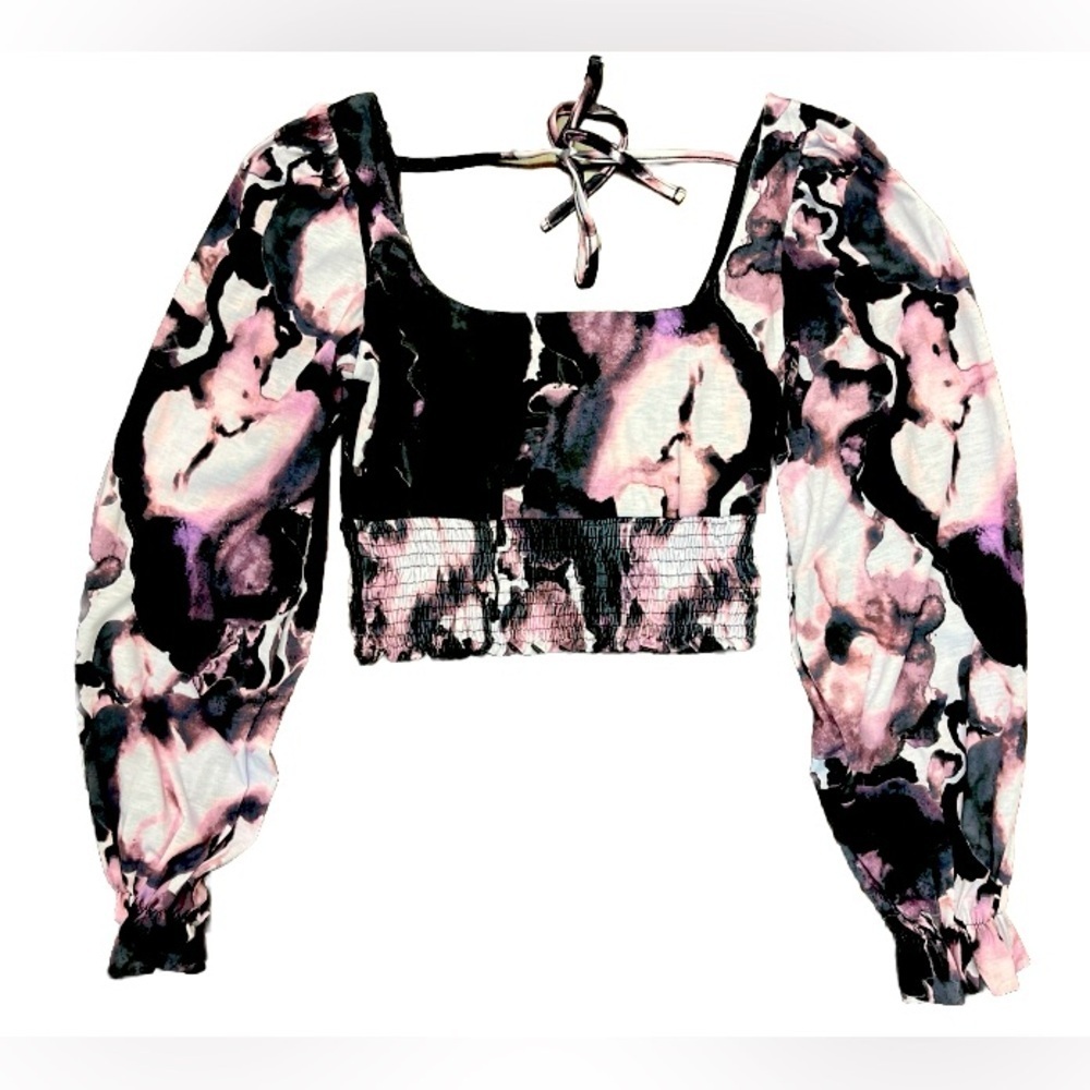 Topshop Cropped Square Neck Blouse Size S Purple Black Gray Watercolor Smocked